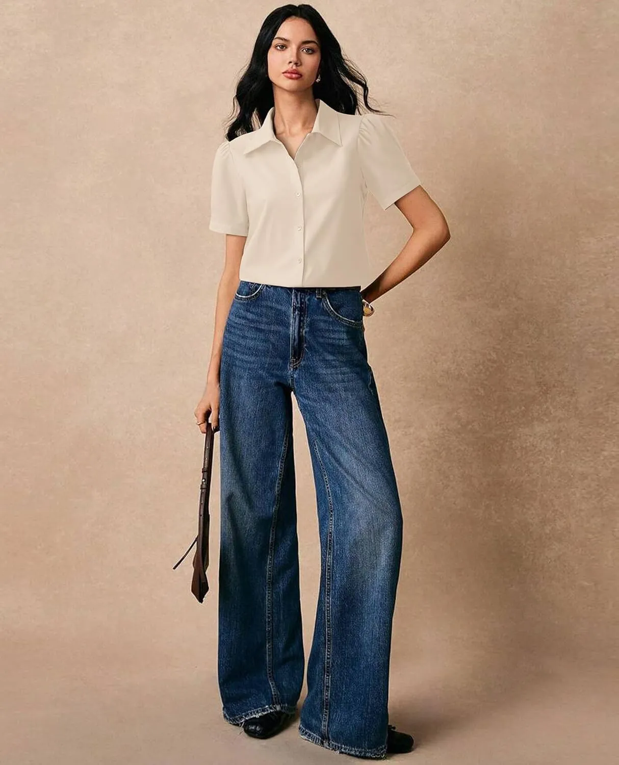 Button Down Shirts for Women Puff Short Sleeve Button Up Dress Shirts Collared Fitted Blouse Work Business Top