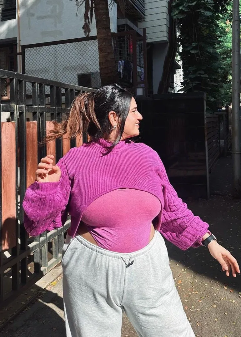 Caprice Purple Super-Cropped Sweater, Bodysuit and Cutout Denim Embellished Pants Set