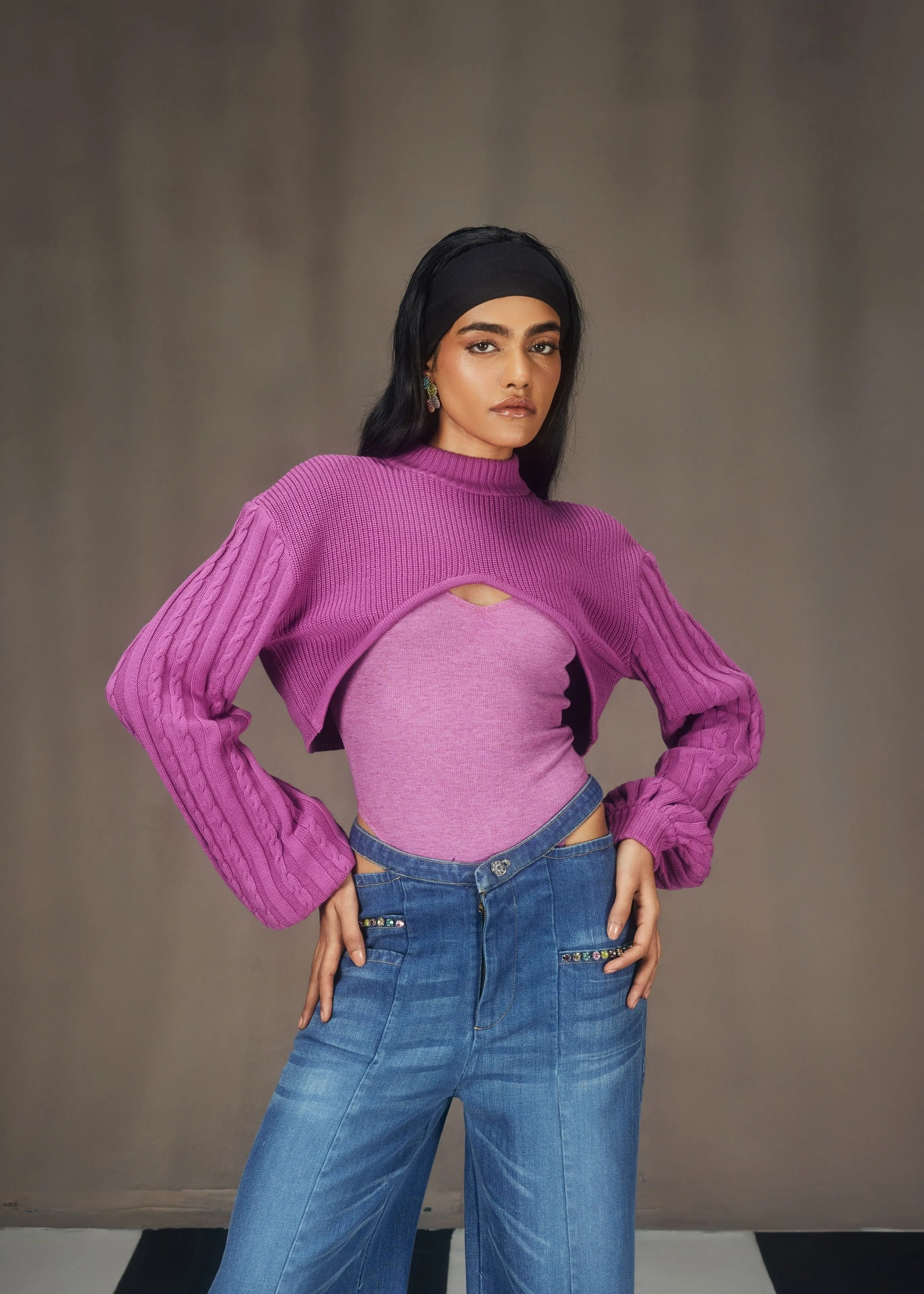 Caprice Purple Super-Cropped Sweater, Bodysuit and Cutout Denim Embellished Pants Set