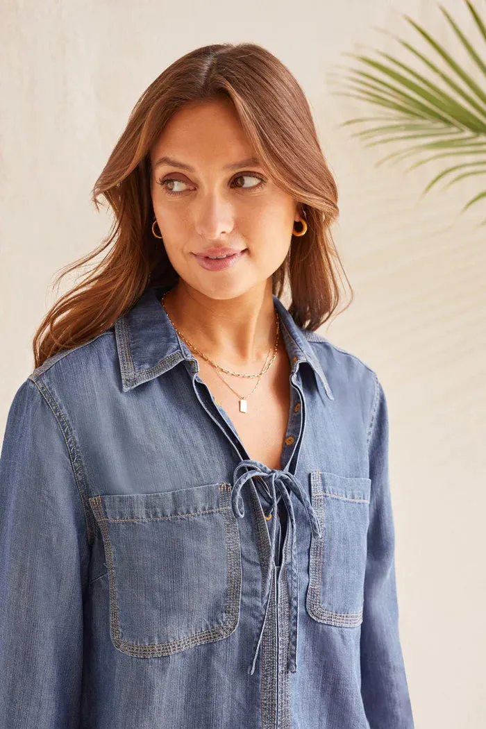 Chambray Lace Up Blouse