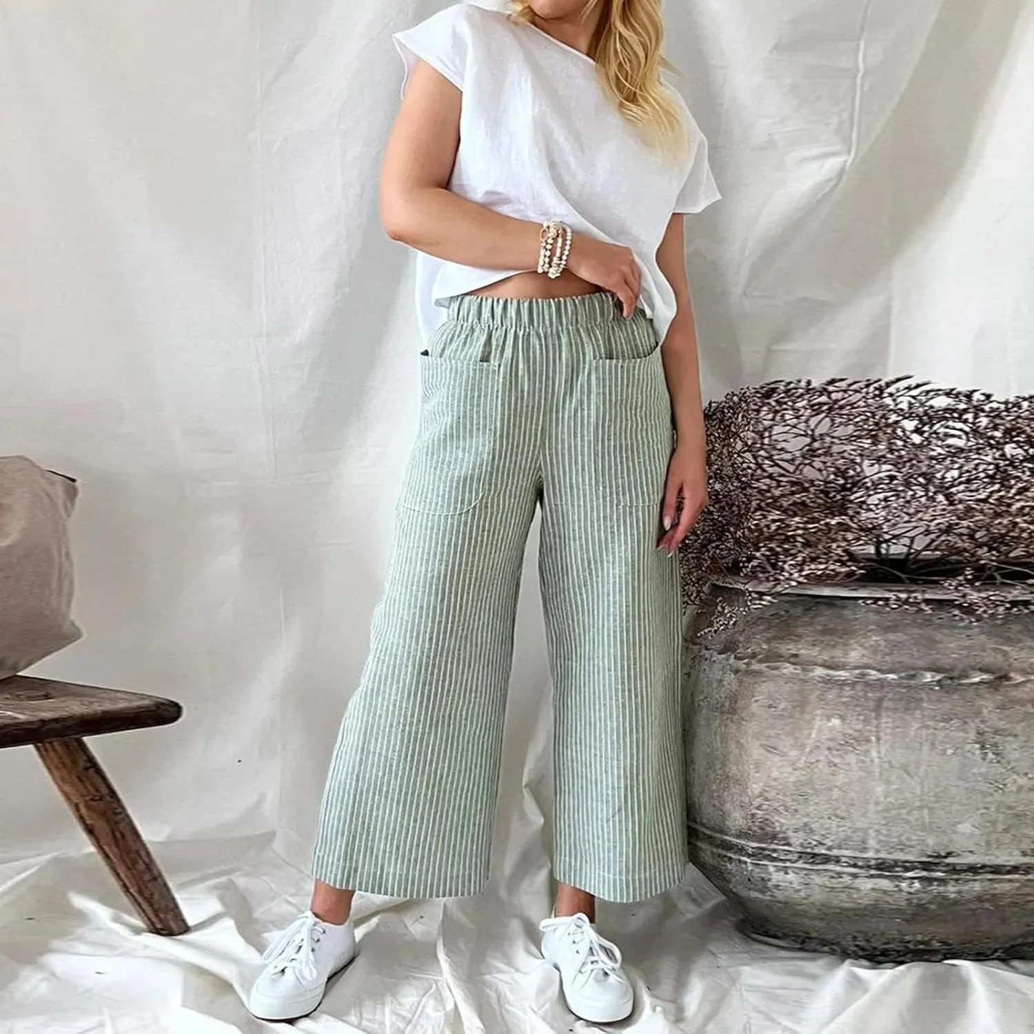 chouyatou Women's Striped Wide Leg Cotton Linen Pants Elastic Waist Loose Palazzo Trousers with Pockets