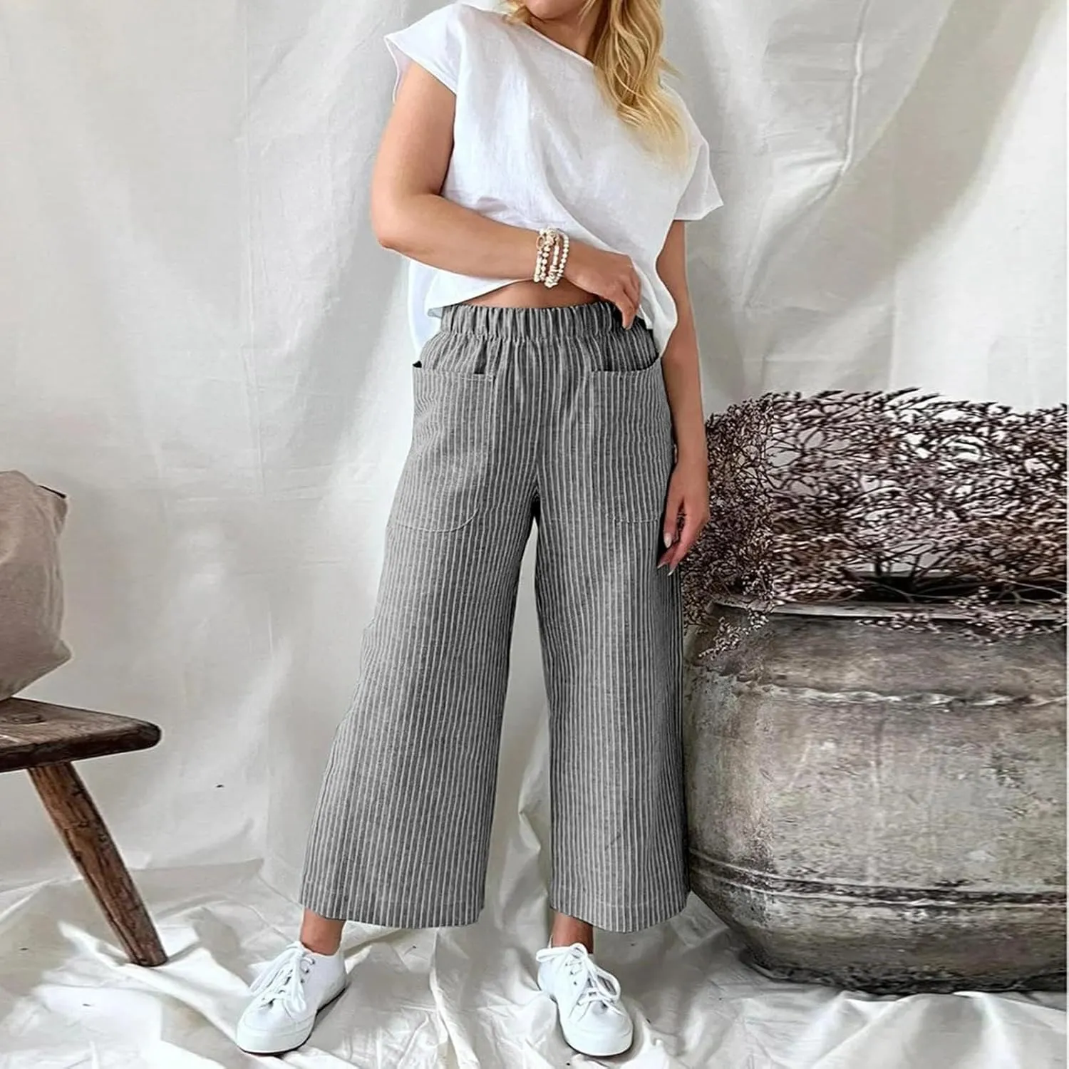 chouyatou Women's Striped Wide Leg Cotton Linen Pants Elastic Waist Loose Palazzo Trousers with Pockets