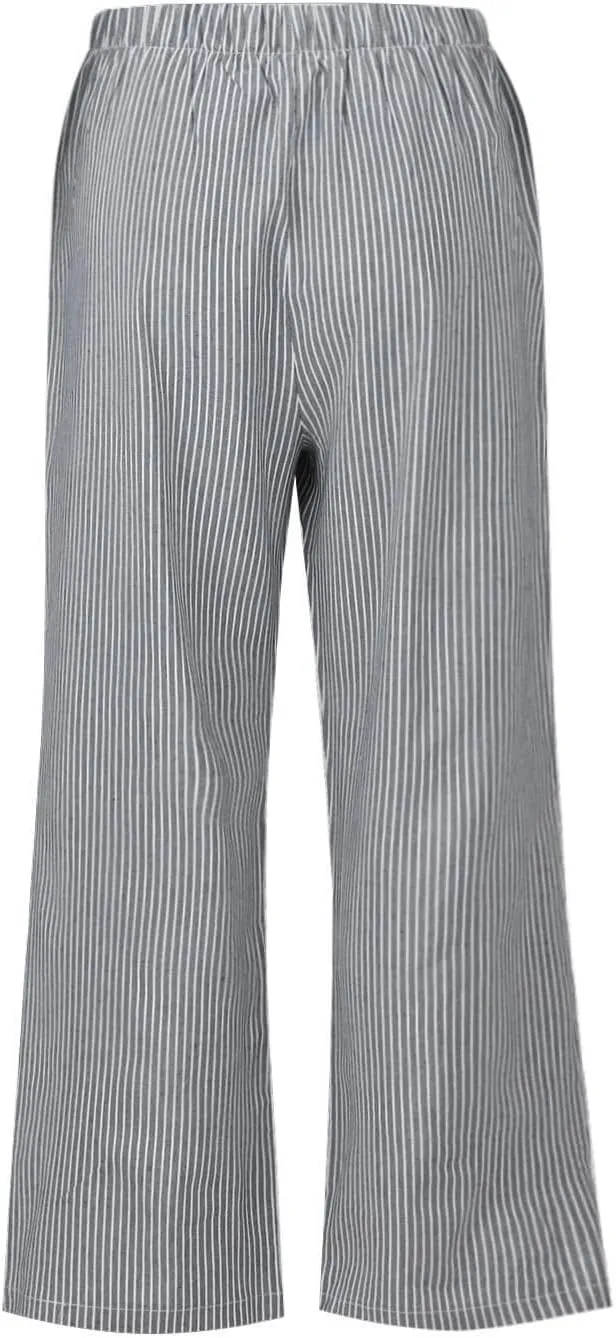chouyatou Women's Striped Wide Leg Cotton Linen Pants Elastic Waist Loose Palazzo Trousers with Pockets