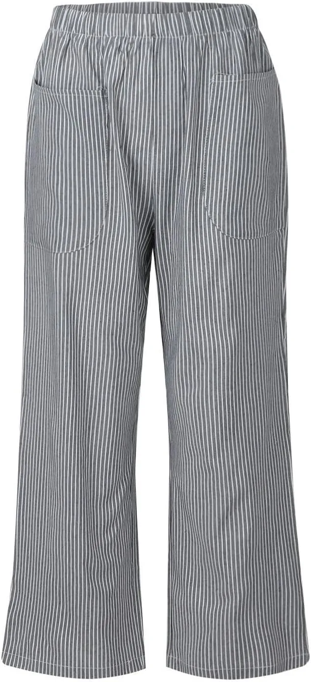 chouyatou Women's Striped Wide Leg Cotton Linen Pants Elastic Waist Loose Palazzo Trousers with Pockets