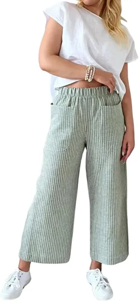 chouyatou Women's Striped Wide Leg Cotton Linen Pants Elastic Waist Loose Palazzo Trousers with Pockets