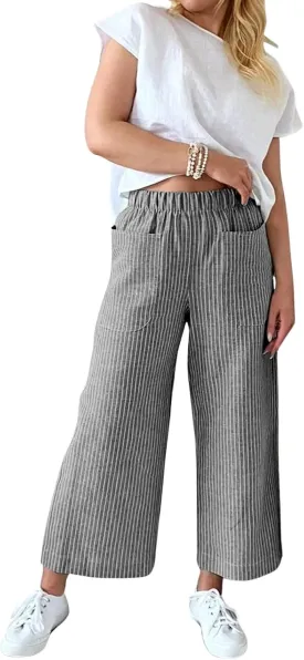 chouyatou Women's Striped Wide Leg Cotton Linen Pants Elastic Waist Loose Palazzo Trousers with Pockets