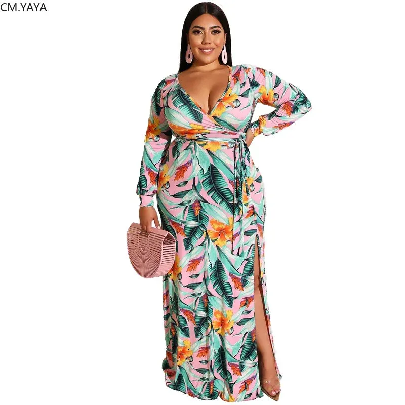 CMYAYA Plus size XL-5XL  Print Sashes Long Maxi dress