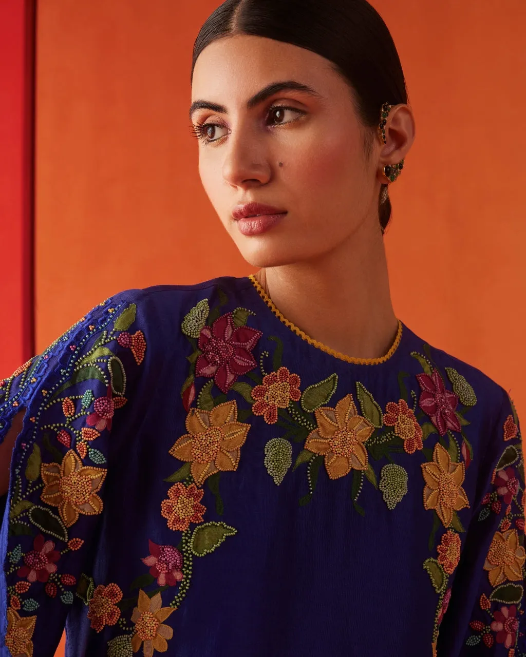 Cobalt Blue Applique And Beadwork Kurta Set
