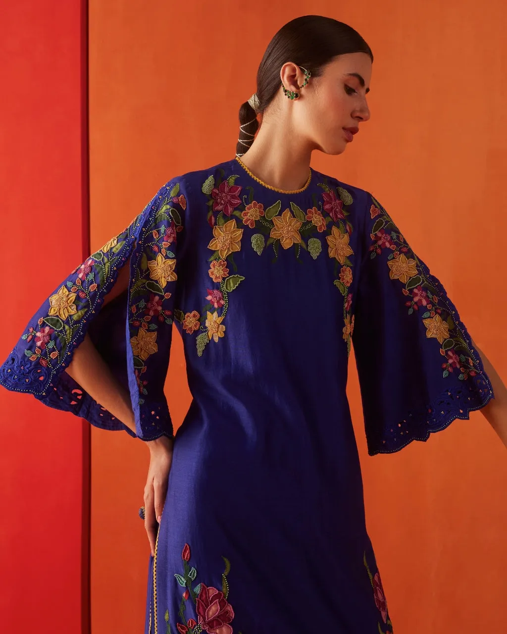 Cobalt Blue Applique And Beadwork Kurta Set