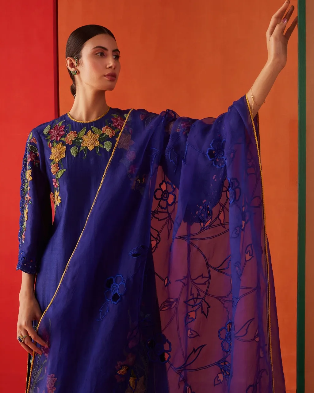 Cobalt Blue Applique And Beadwork Kurta Set