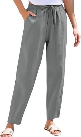 Cotton Linen Pants Women Lightweight Summer Joggers Drawstring Straight Leg Trousers Casual Beach Pants with Pockets