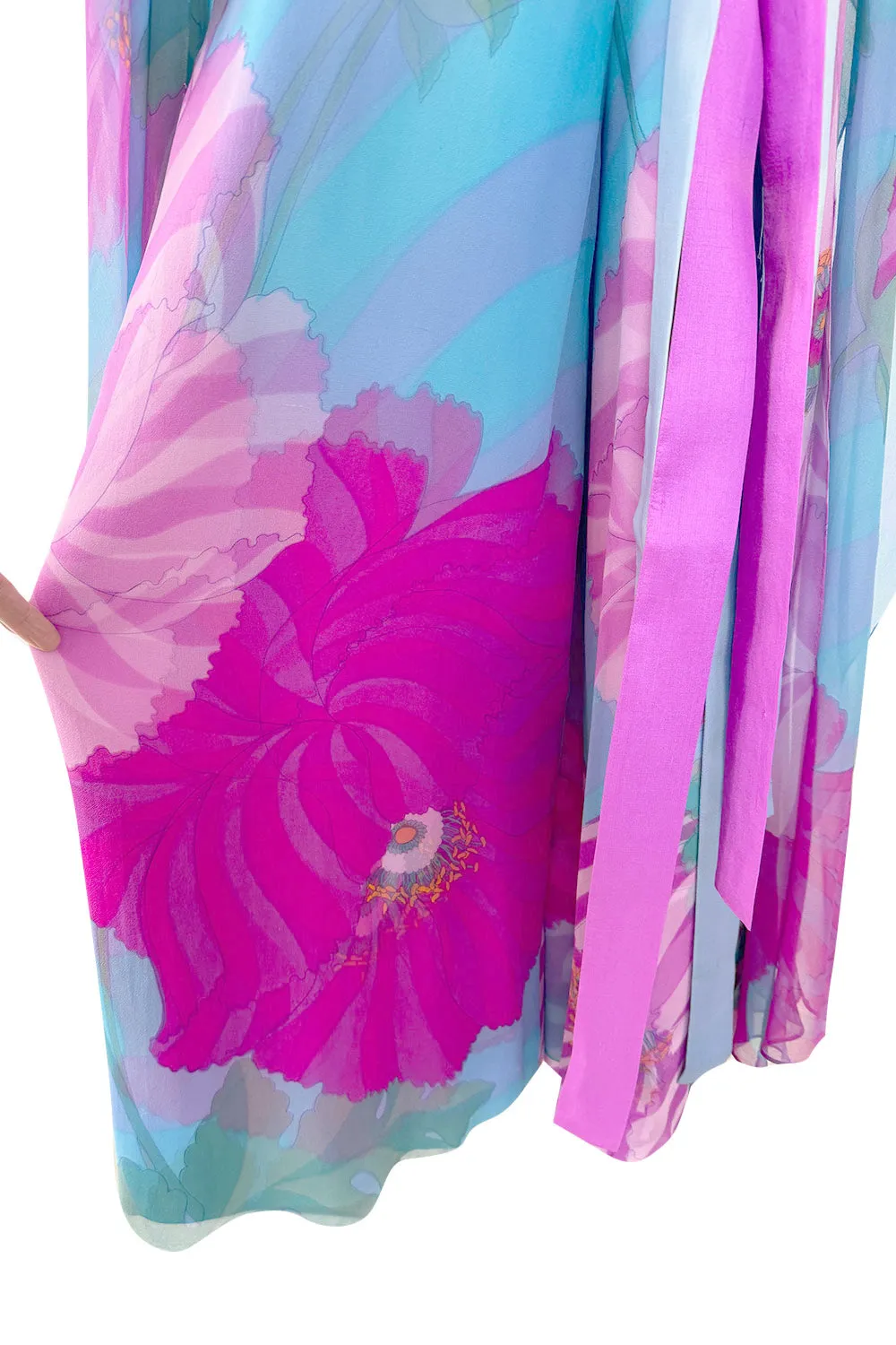 Dreamy c. 1969 Hanae Mori Couture Printed Silk Chiffon Jumpsuit w Floor Length Angel Sleeves