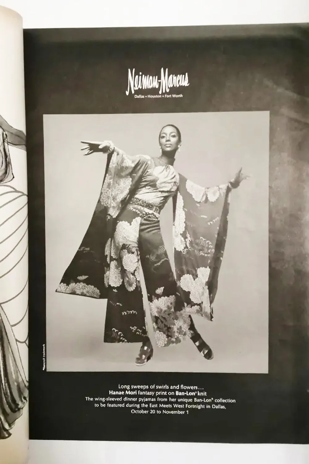 Dreamy c. 1969 Hanae Mori Couture Printed Silk Chiffon Jumpsuit w Floor Length Angel Sleeves