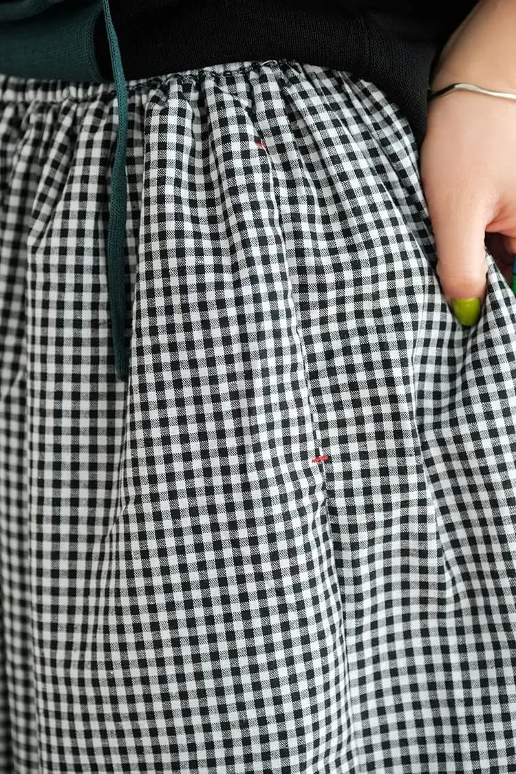 ebossy Women's Cotton Linen Wide Leg Culottes Elastic Waist Plaid Gingham Casual Palazzo Pants Capris