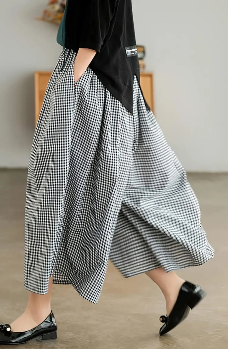 ebossy Women's Cotton Linen Wide Leg Culottes Elastic Waist Plaid Gingham Casual Palazzo Pants Capris
