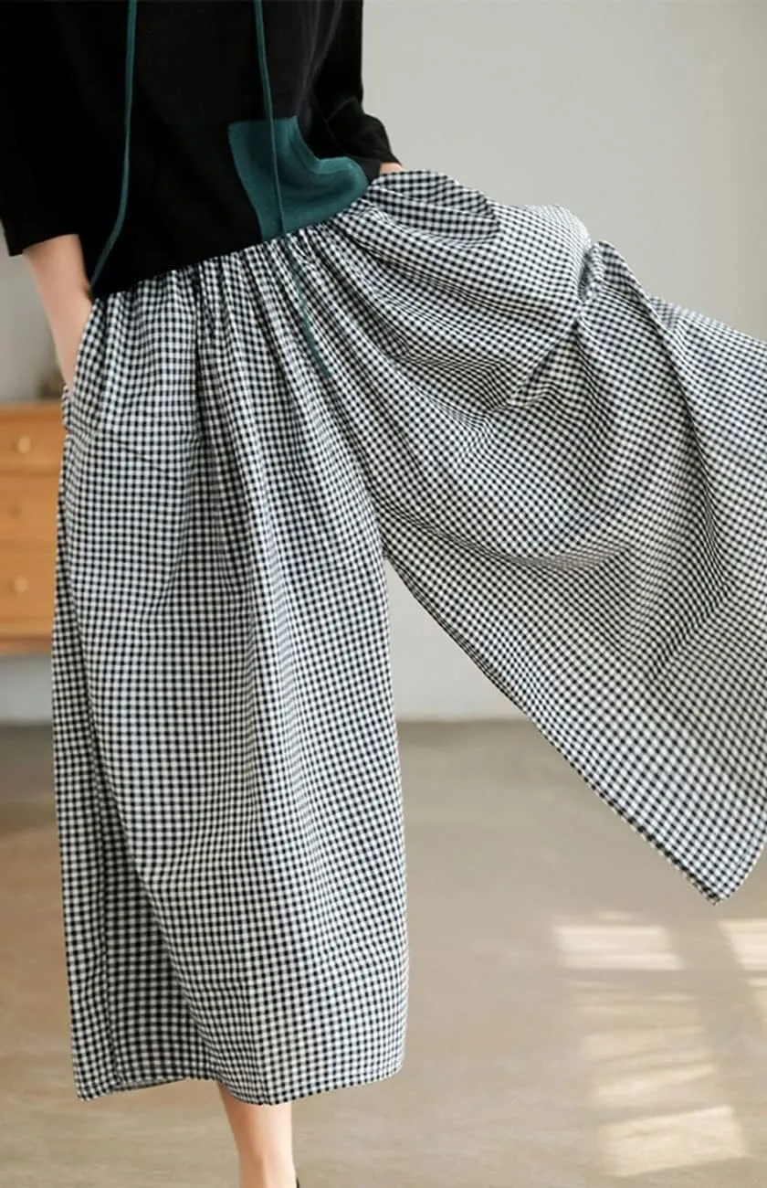 ebossy Women's Cotton Linen Wide Leg Culottes Elastic Waist Plaid Gingham Casual Palazzo Pants Capris