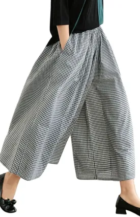 ebossy Women's Cotton Linen Wide Leg Culottes Elastic Waist Plaid Gingham Casual Palazzo Pants Capris