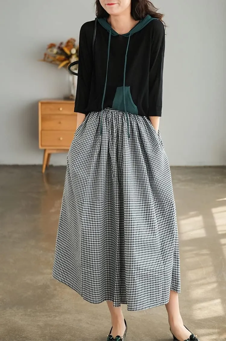ebossy Women's Cotton Linen Wide Leg Culottes Elastic Waist Plaid Gingham Casual Palazzo Pants Capris