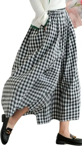 ebossy Women's Cotton Linen Wide Leg Culottes Elastic Waist Plaid Gingham Casual Palazzo Pants Capris