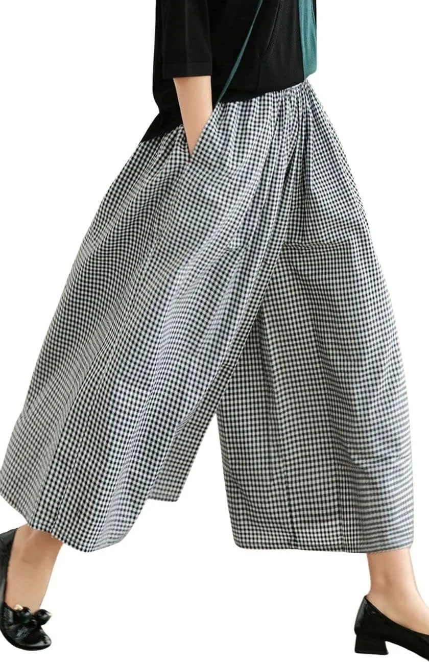 ebossy Women's Cotton Linen Wide Leg Culottes Elastic Waist Plaid Gingham Casual Palazzo Pants Capris