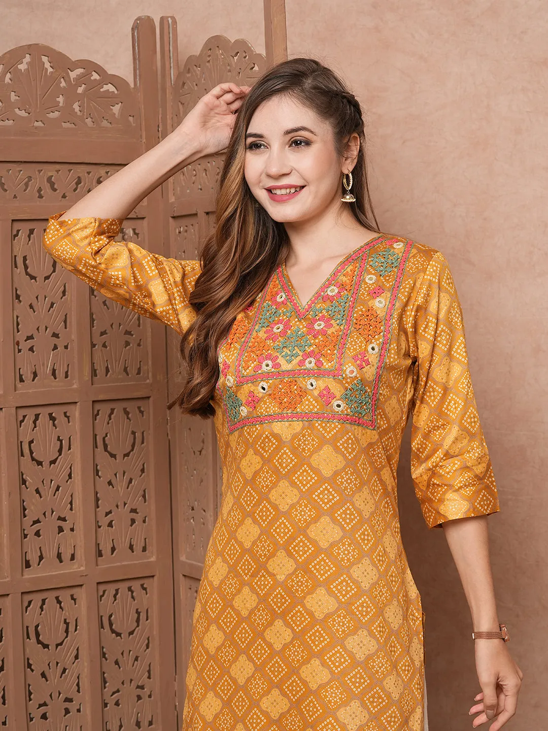 Ethnic Foil Printed Mirror & Resham Embroidered Kurta - Mustard