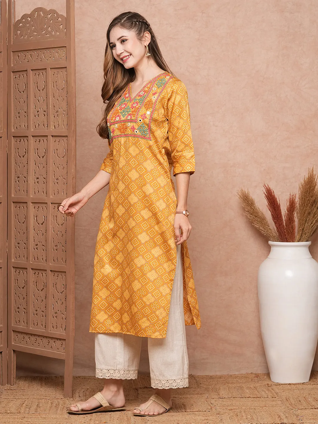 Ethnic Foil Printed Mirror & Resham Embroidered Kurta - Mustard