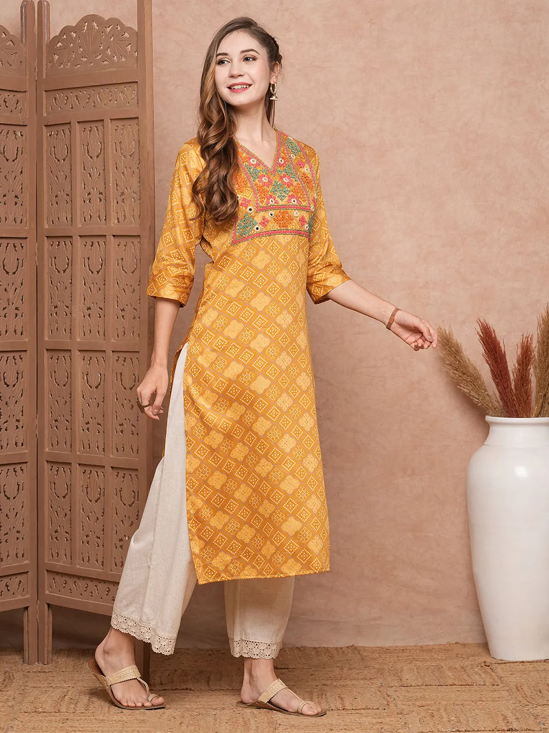 Ethnic Foil Printed Mirror & Resham Embroidered Kurta - Mustard