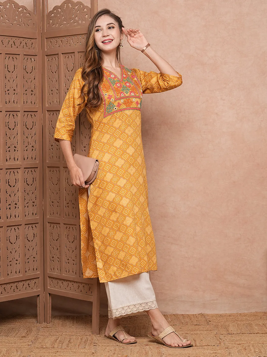 Ethnic Foil Printed Mirror & Resham Embroidered Kurta - Mustard