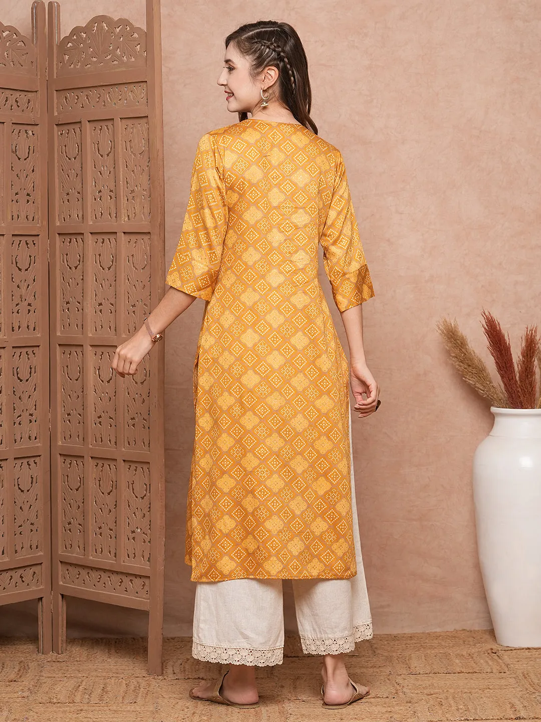 Ethnic Foil Printed Mirror & Resham Embroidered Kurta - Mustard