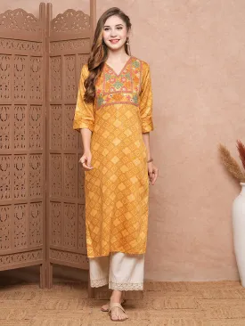Ethnic Foil Printed Mirror & Resham Embroidered Kurta - Mustard