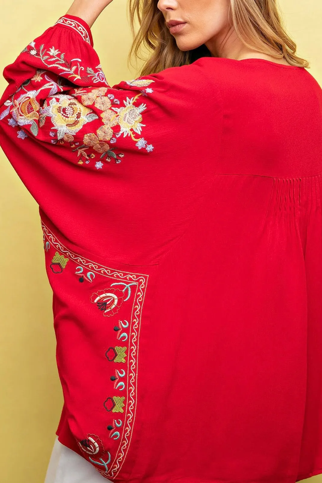 Floral Embroidered Dolman Sleeves Top- Scarlet Red