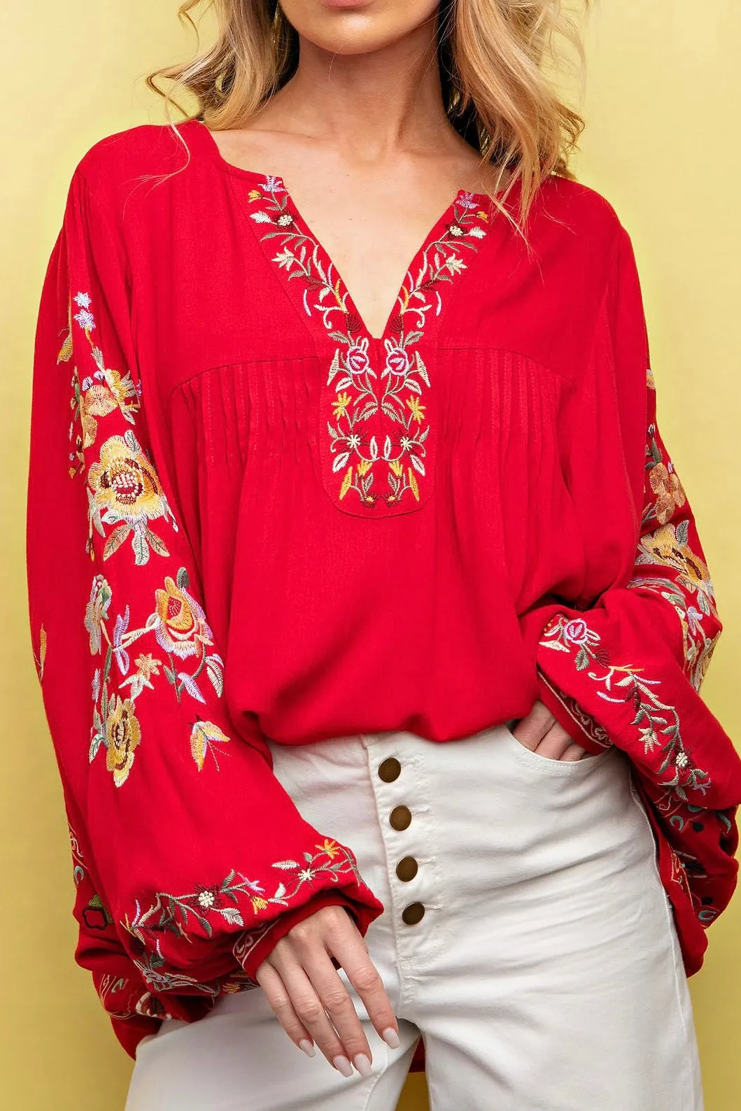 Floral Embroidered Dolman Sleeves Top- Scarlet Red