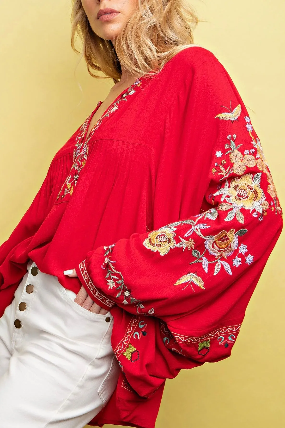 Floral Embroidered Dolman Sleeves Top- Scarlet Red