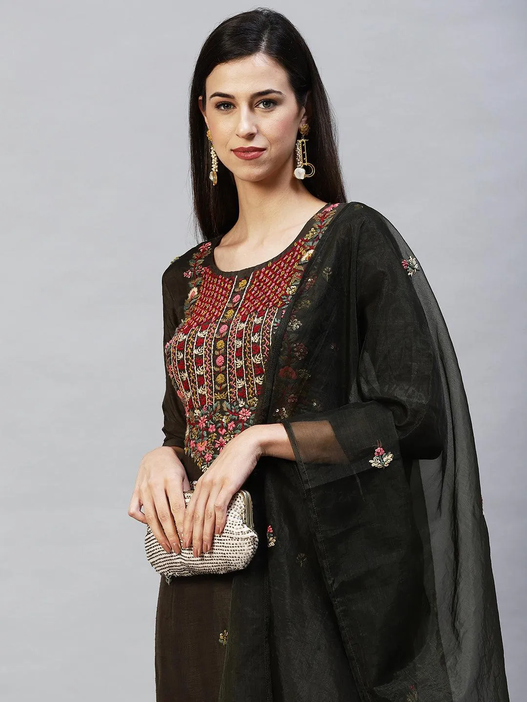Floral Hand Embroidered Straight Kurta with Pants & Dupatta - Dark Green