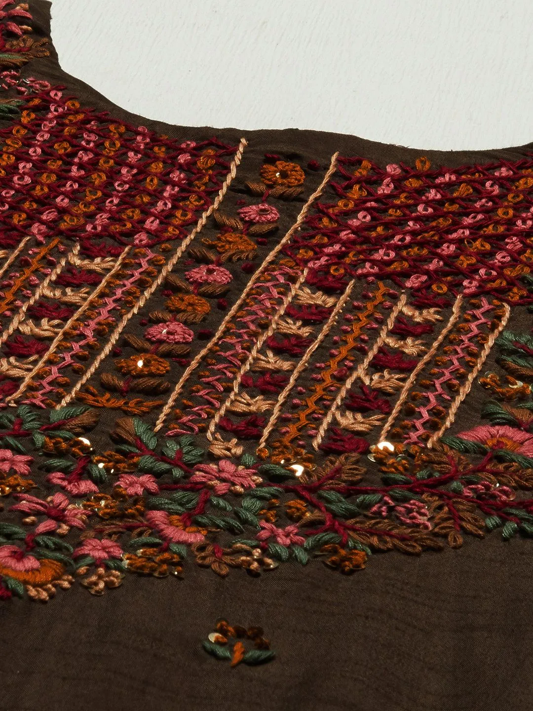Floral Hand Embroidered Straight Kurta with Pants & Dupatta - Dark Green