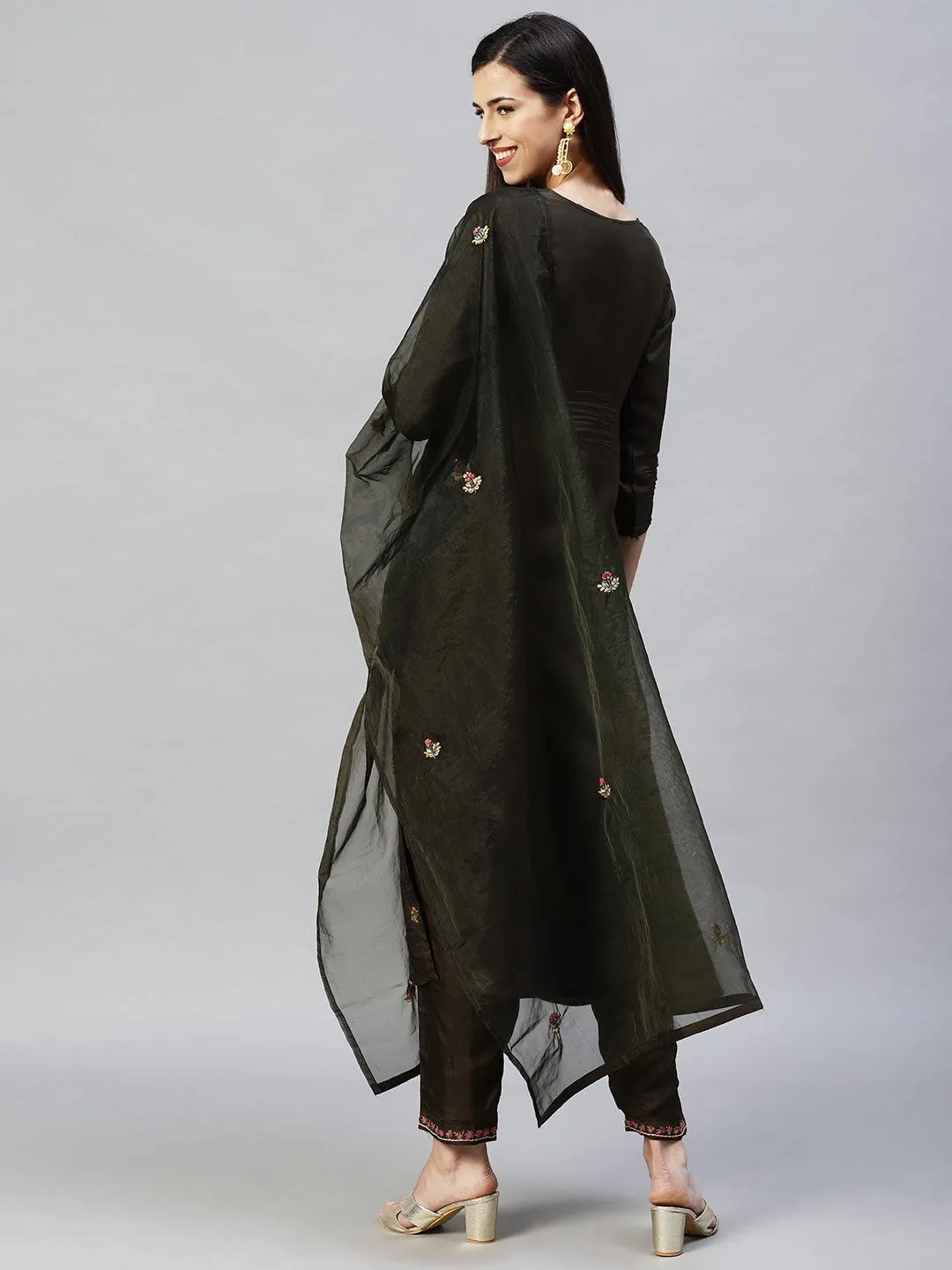 Floral Hand Embroidered Straight Kurta with Pants & Dupatta - Dark Green