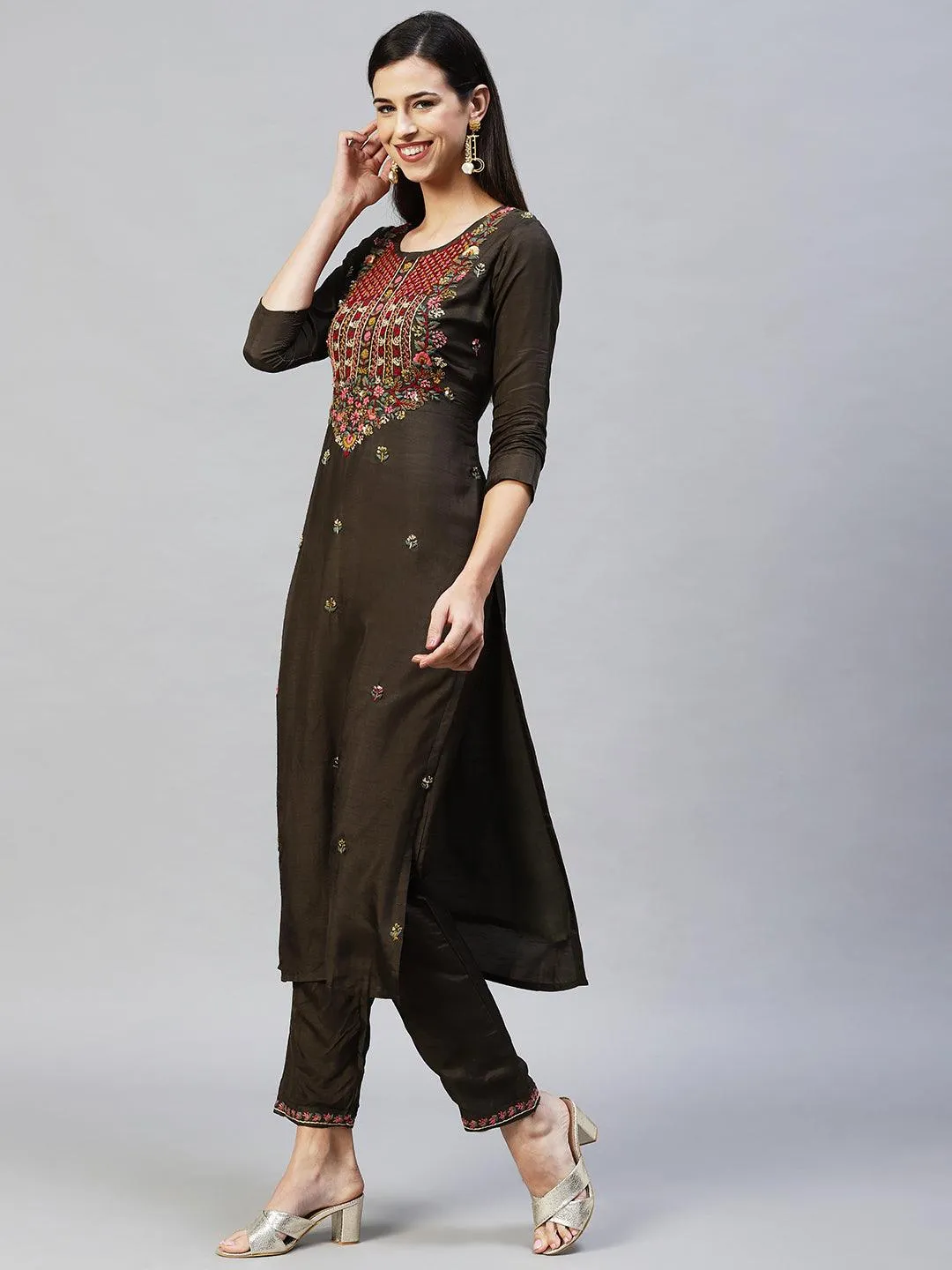 Floral Hand Embroidered Straight Kurta with Pants & Dupatta - Dark Green