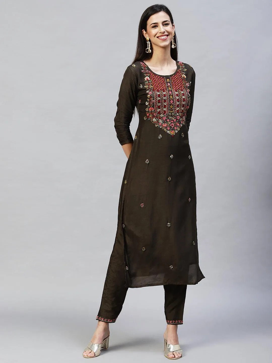 Floral Hand Embroidered Straight Kurta with Pants & Dupatta - Dark Green