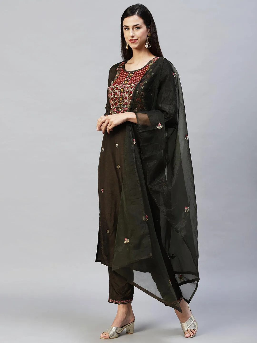 Floral Hand Embroidered Straight Kurta with Pants & Dupatta - Dark Green