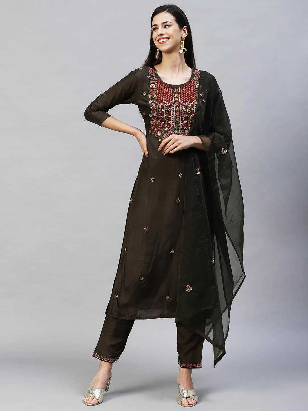 Floral Hand Embroidered Straight Kurta with Pants & Dupatta - Dark Green