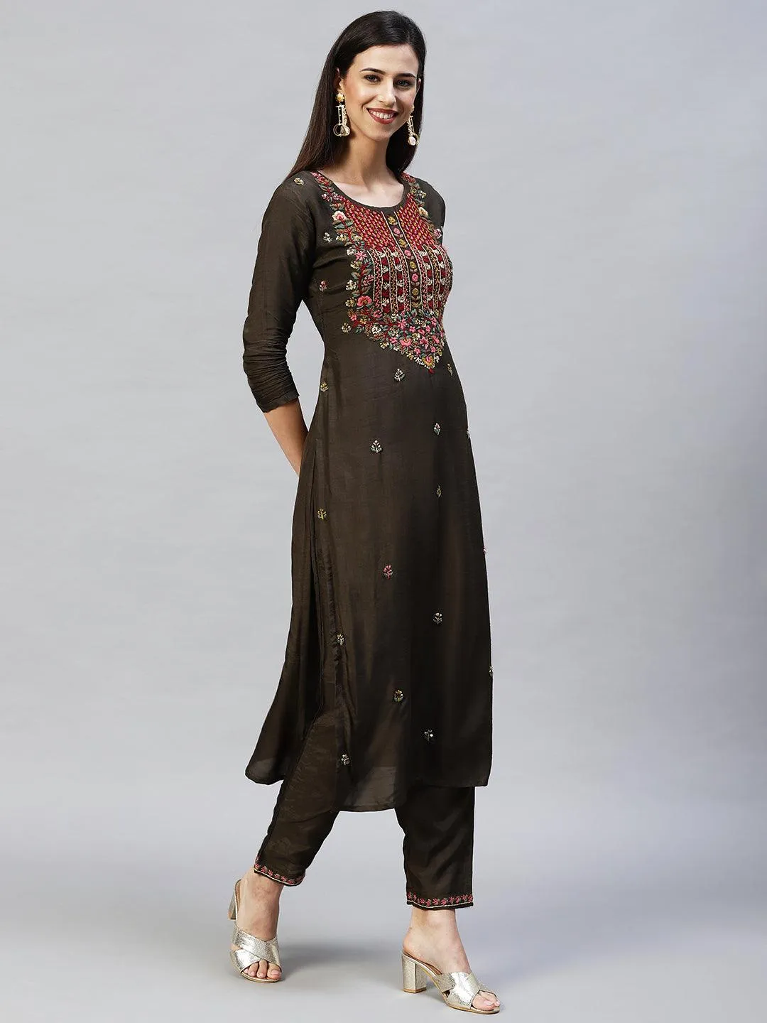 Floral Hand Embroidered Straight Kurta with Pants & Dupatta - Dark Green