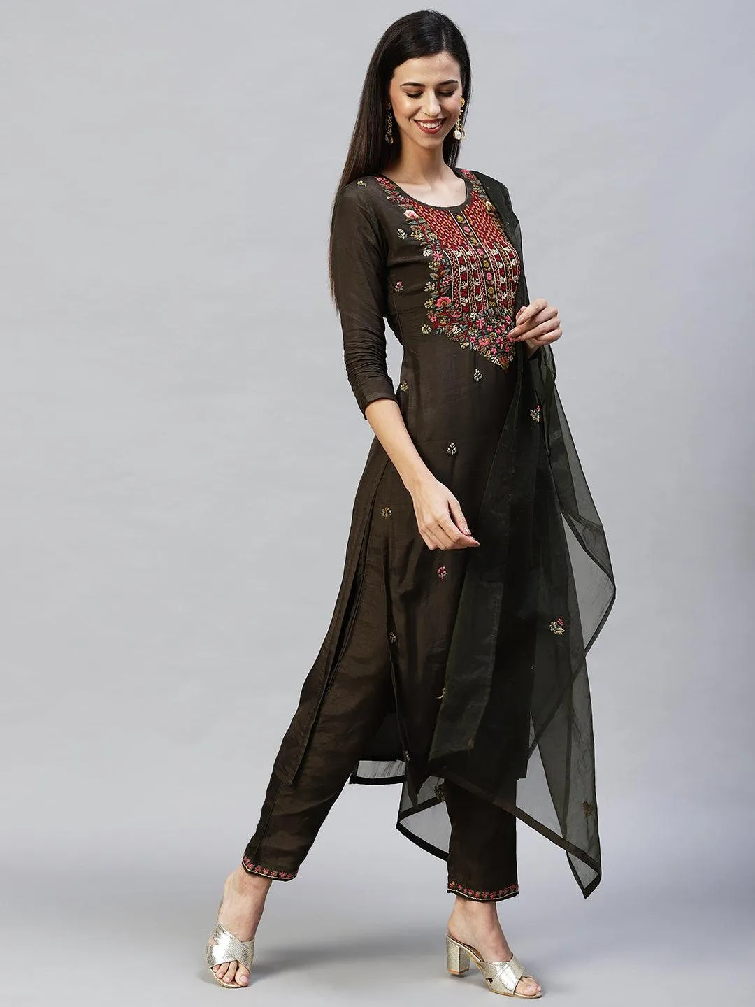 Floral Hand Embroidered Straight Kurta with Pants & Dupatta - Dark Green