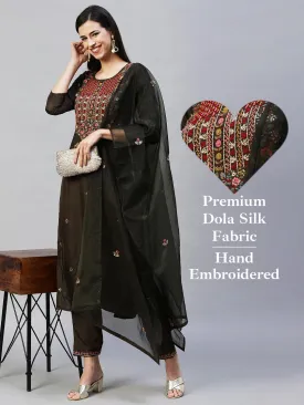 Floral Hand Embroidered Straight Kurta with Pants & Dupatta - Dark Green