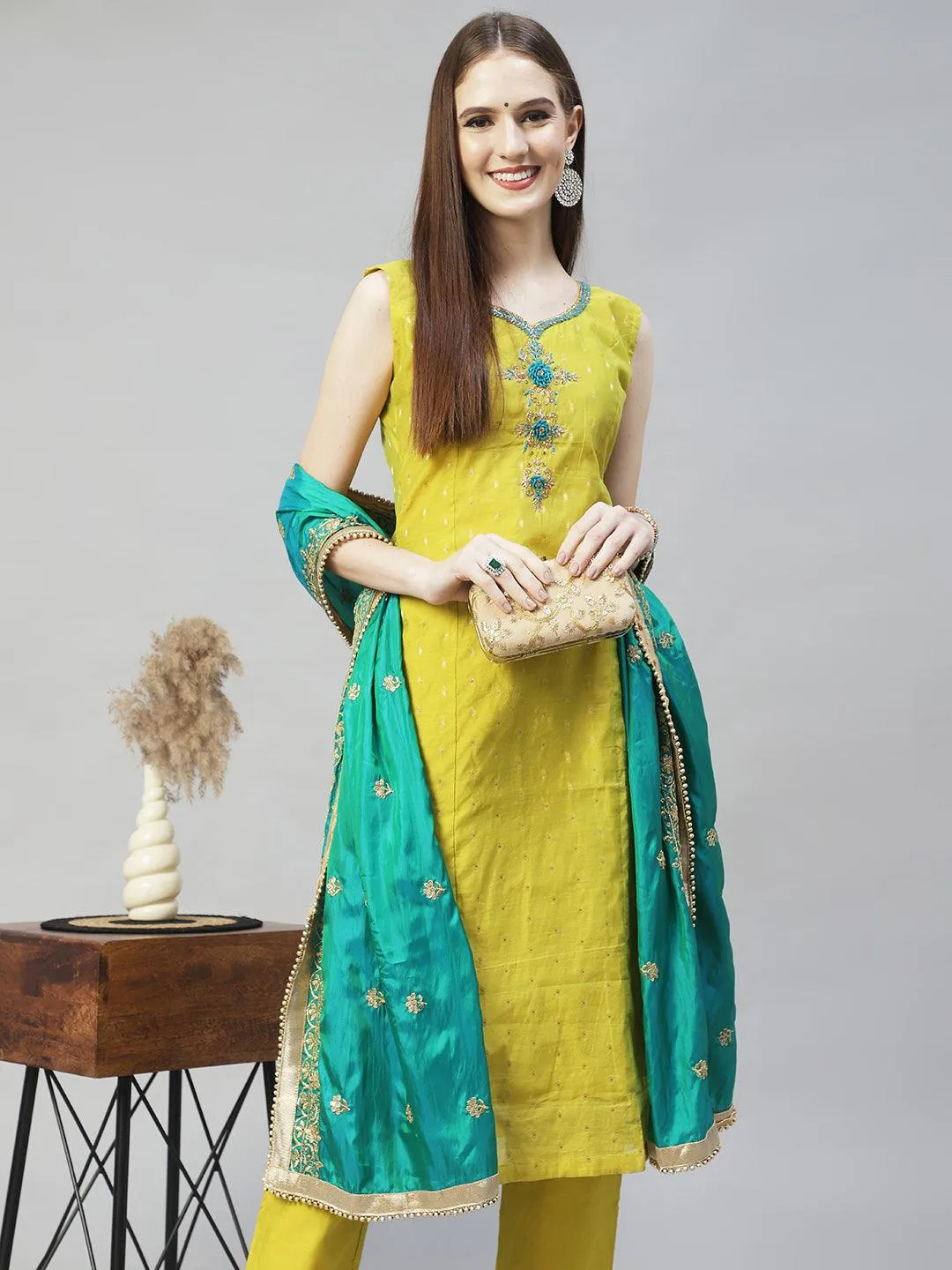 Floral Hand Embroidered Straight Kurta with Pants & Dupatta - Pear Green