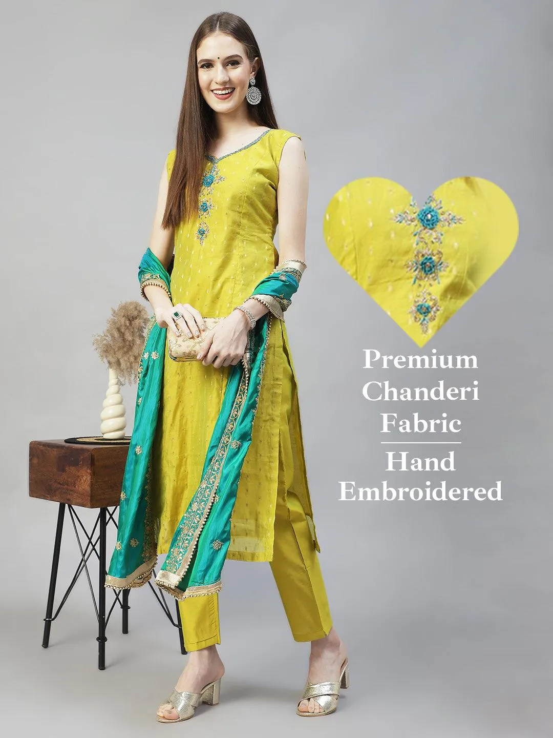 Floral Hand Embroidered Straight Kurta with Pants & Dupatta - Pear Green