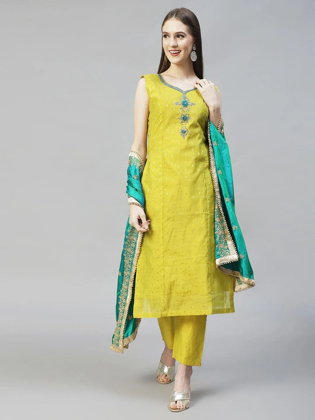 Floral Hand Embroidered Straight Kurta with Pants & Dupatta - Pear Green