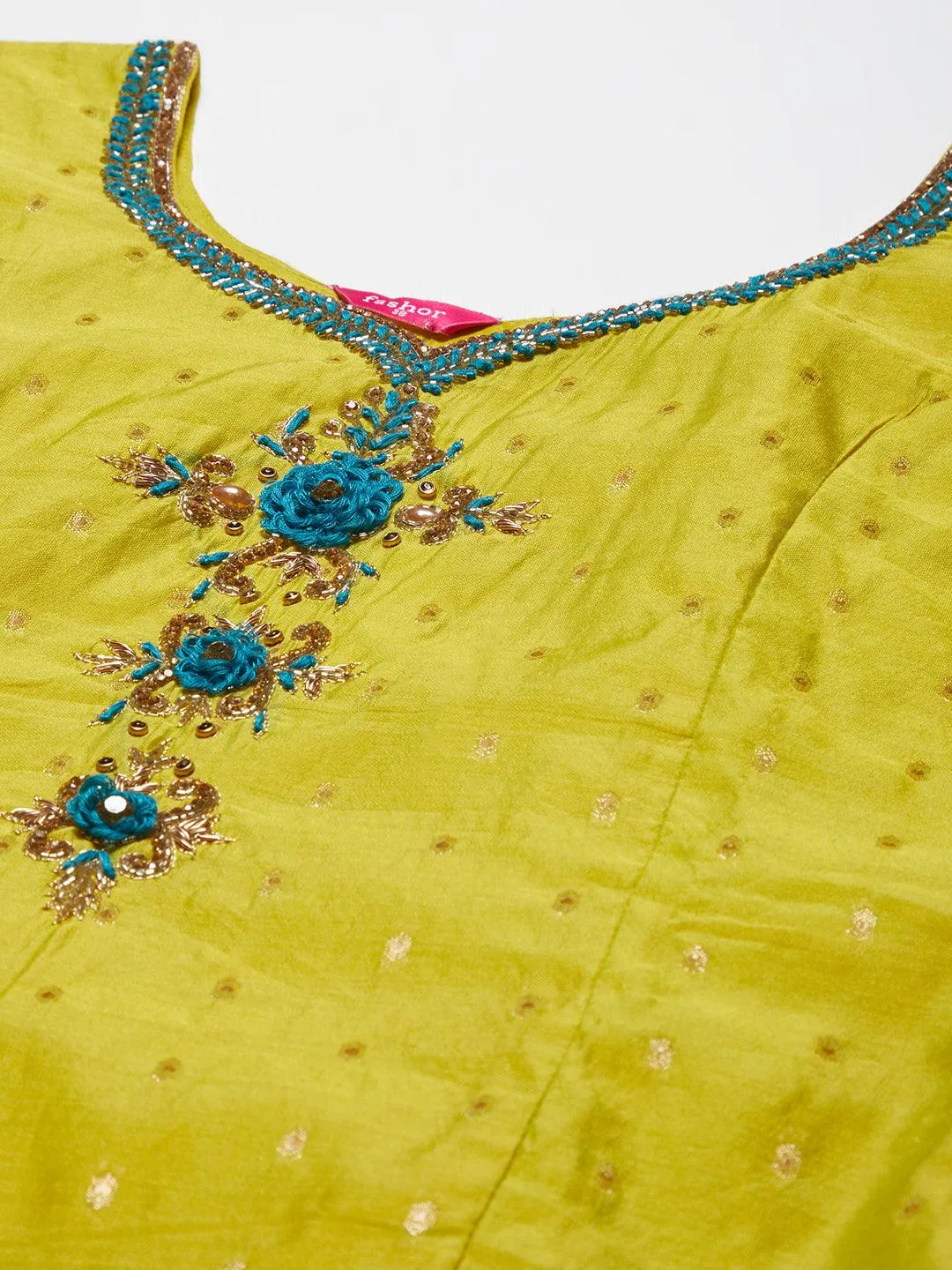 Floral Hand Embroidered Straight Kurta with Pants & Dupatta - Pear Green