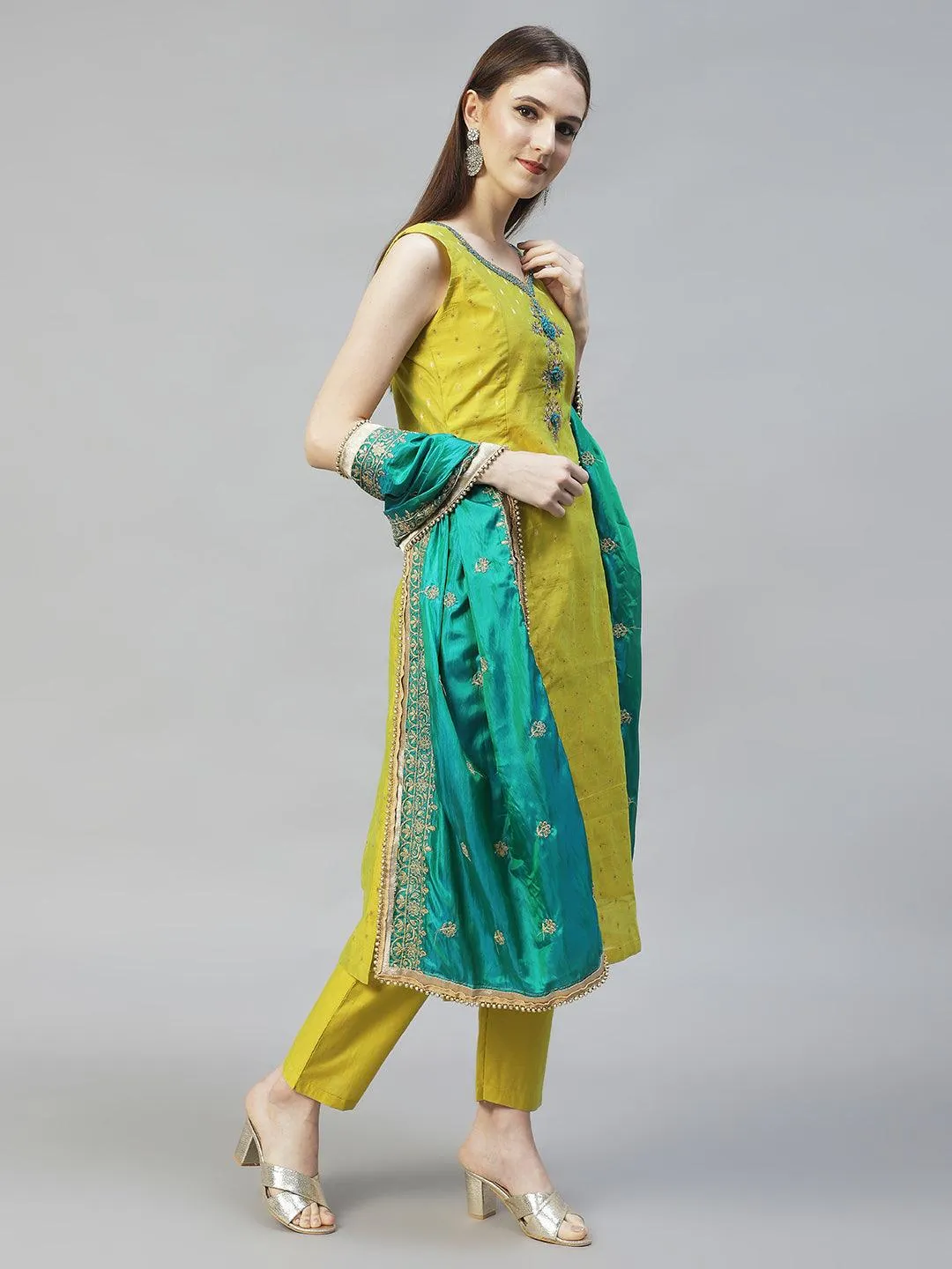 Floral Hand Embroidered Straight Kurta with Pants & Dupatta - Pear Green