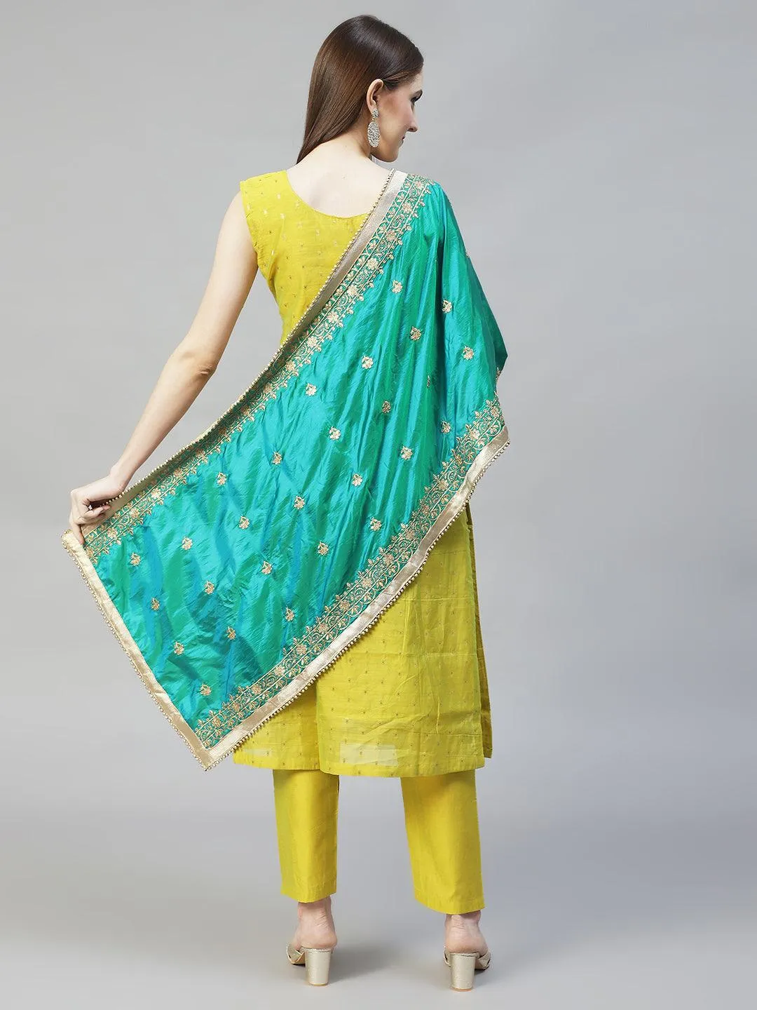Floral Hand Embroidered Straight Kurta with Pants & Dupatta - Pear Green