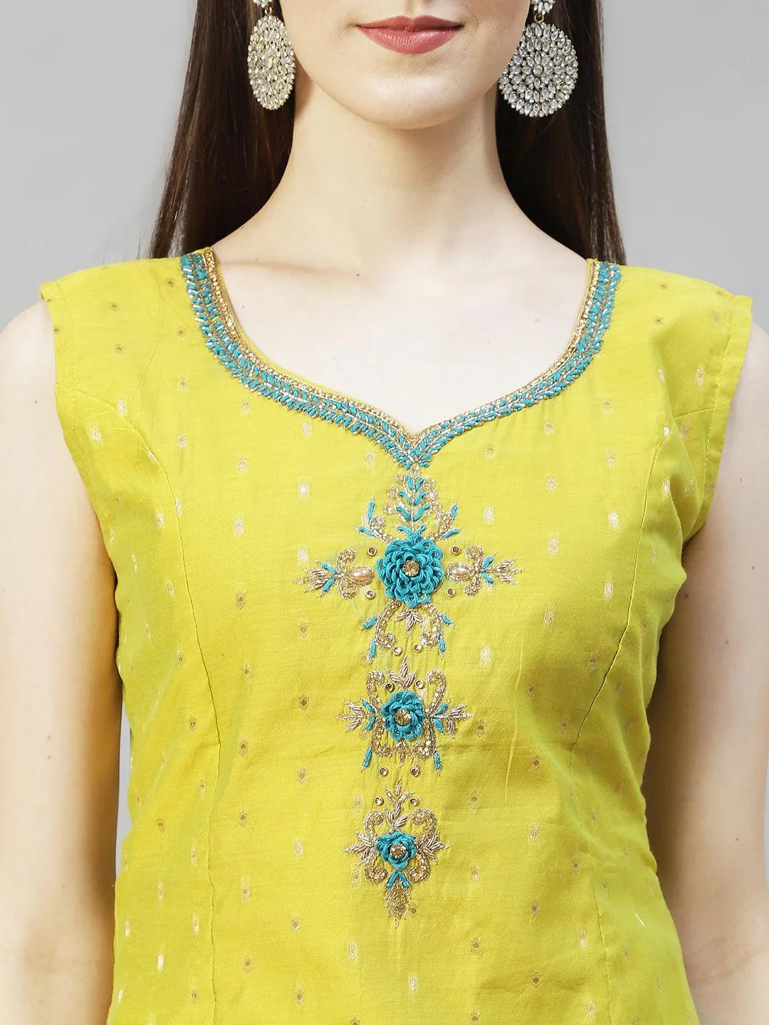 Floral Hand Embroidered Straight Kurta with Pants & Dupatta - Pear Green